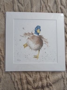 Playful Duck Watercolor Art Print in Blue & Brown